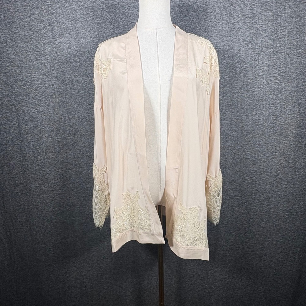 Gold Hawk Coco Silk Lace Applique Kimono Boho Robe Cream Pearl Womens Medium